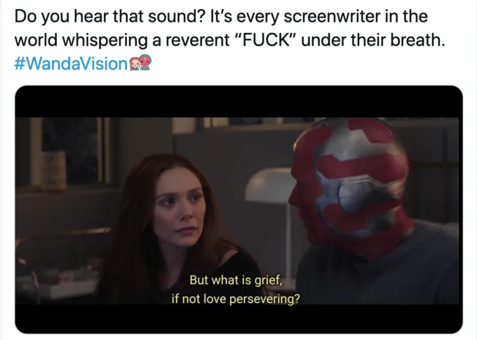 A Reverent Fuck — Tweet screenshot with WandaVision grief scene and the reverent FUCK caption