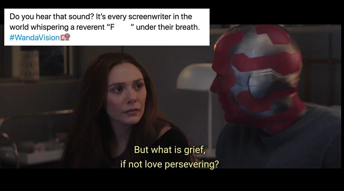 A Reverent Fuck — WandaVision scene with Wanda and Vision captioned 'But what is grief, if not love persevering?' with the reverent F*** tweet overlay