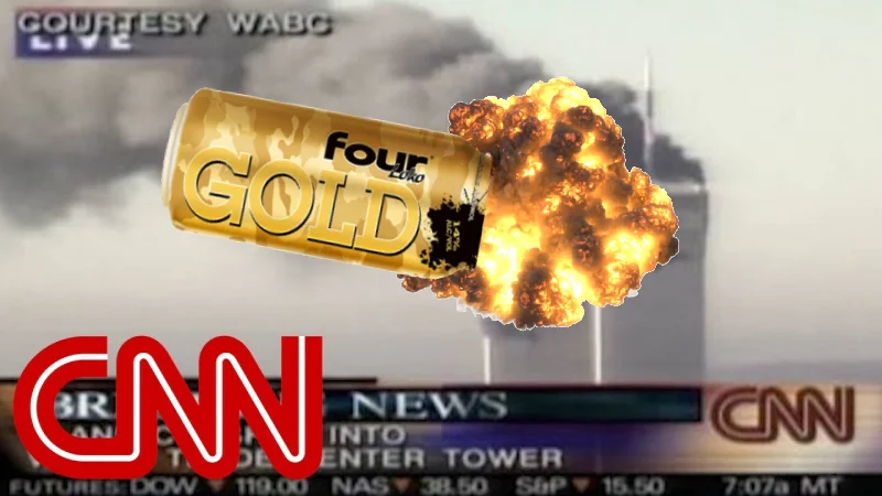 A Second Plane Has Hit The X — Four Loko Gold can edited as a plane hitting the World Trade Center on a CNN news broadcast