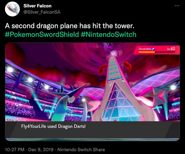 A Second Plane Has Hit The X — Tweet joking 'A second dragon plane has hit the tower' next to a Pokemon Sword and Shield screenshot
