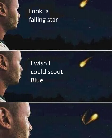 A Shooting Star Rejecting Wish — Three-panel shooting star meme with a wish to scout Blue and star swerving away