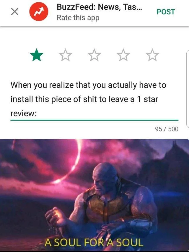 BuzzFeed 1-star review joke paired with A Soul for a Soul Thanos meme