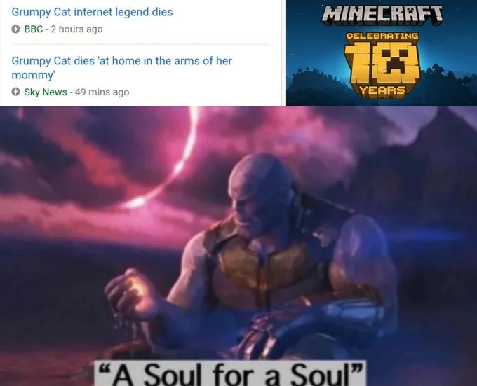 A Soul for a Soul meme juxtaposing Grumpy Cat death and Minecraft anniversary