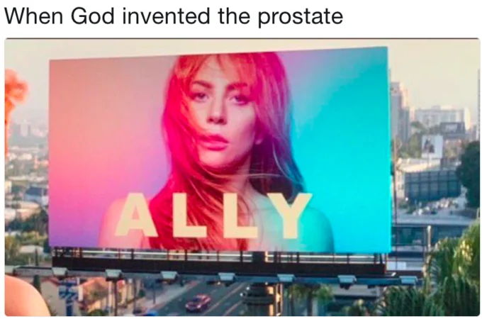 A Star Is Born Ally Poster — Ally billboard meme with caption When God invented the prostate