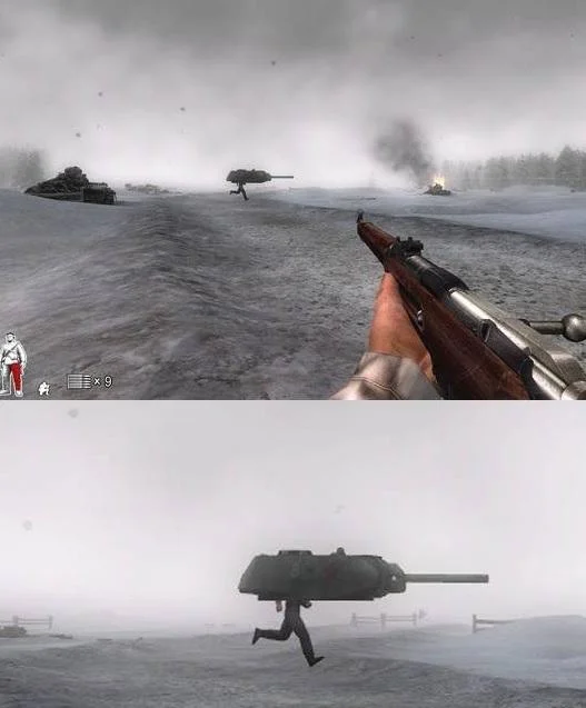 A Weapon To Surpass Metal Gear — Split-screen FPS screenshot showing first-person weapon view above and soldier carrying enormous metallic apparatus below.