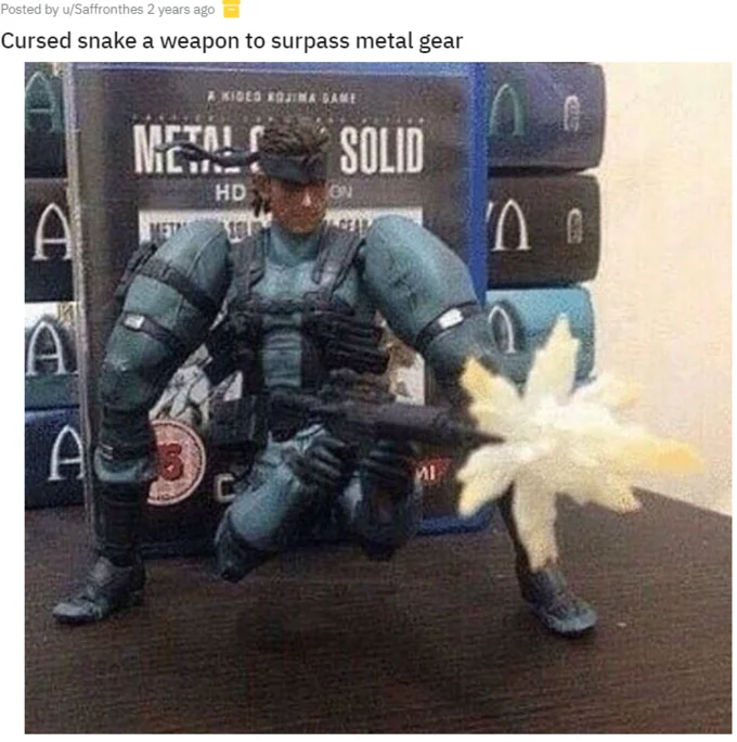 Metal Gear Solid action figure in awkward contorted pose with text overlay 'Cursed snake a weapon to surpass metal gear'.