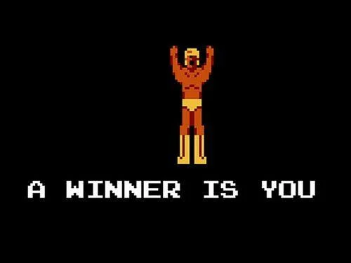 The classic 'A Winner Is You' meme featuring a pixelated 8-bit character with arms raised in celebration, with the signature catchphrase text overlay.