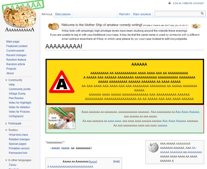Uncyclopedia article page titled AAAAAAAA filled with the letter A