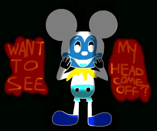 Abandoned By Disney — Cartoon Photo-Negative Mickey Mouse asking 'Want to see my head come off?'
