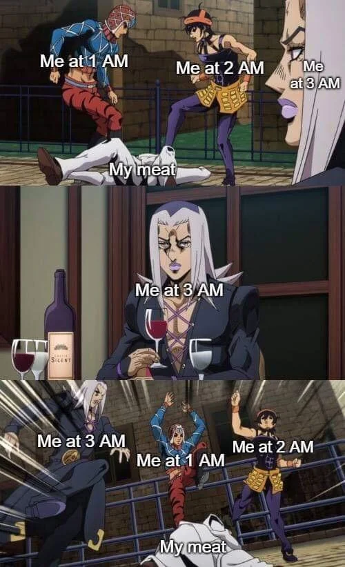 Abbacchio Joins The Kicking — Abbacchio meme variant about late-night snacking labeled with 1 AM, 2 AM, and 3 AM.