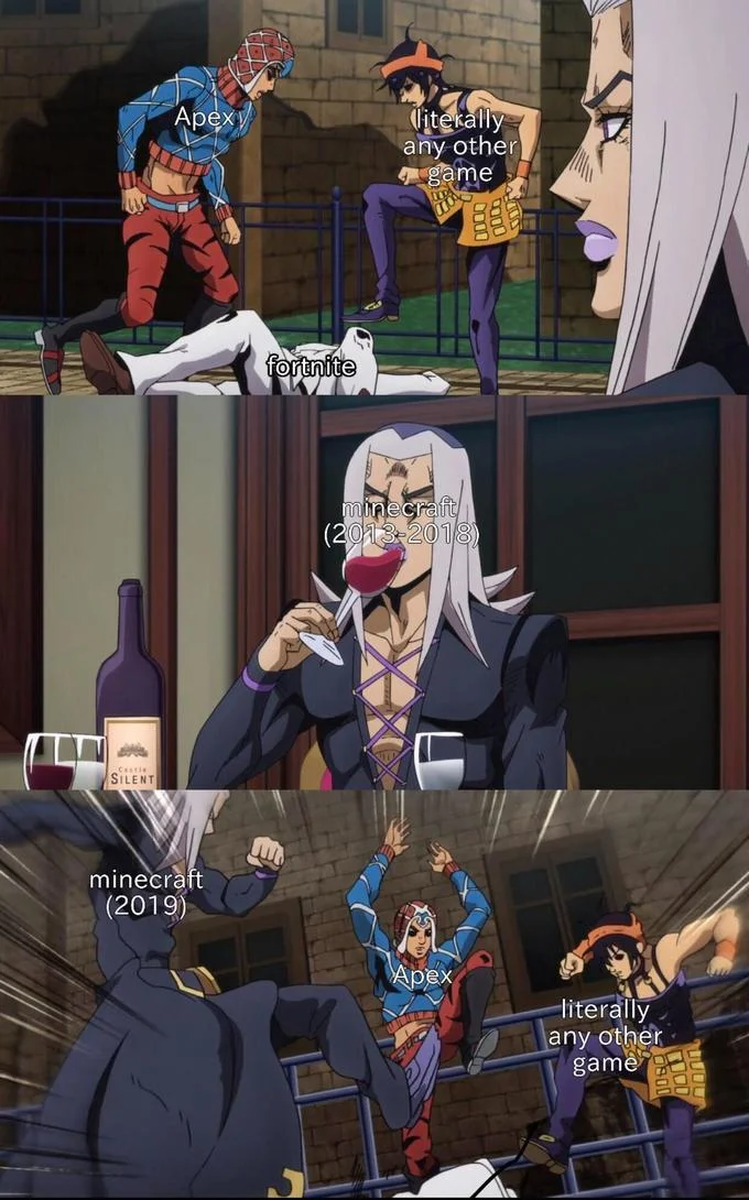 Abbacchio Joins The Kicking — Abbacchio meme variant comparing Minecraft's 2019 resurgence to Apex Legends and Fortnite.