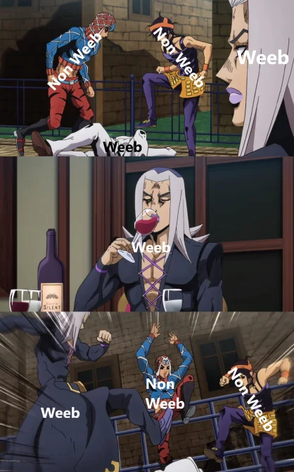 Abbacchio Joins The Kicking — Abbacchio meme variant labeling characters as Weeb or Non Weeb.