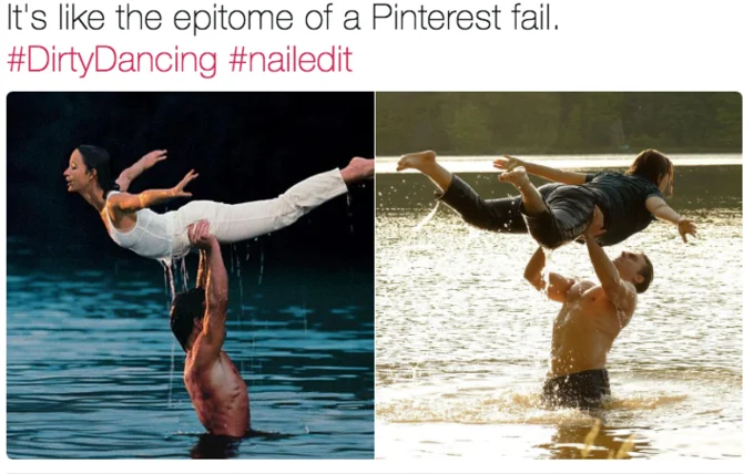 Abcs Dirty Dancing Remake — Tweet calling the Dirty Dancing remake a Pinterest fail with lift comparison