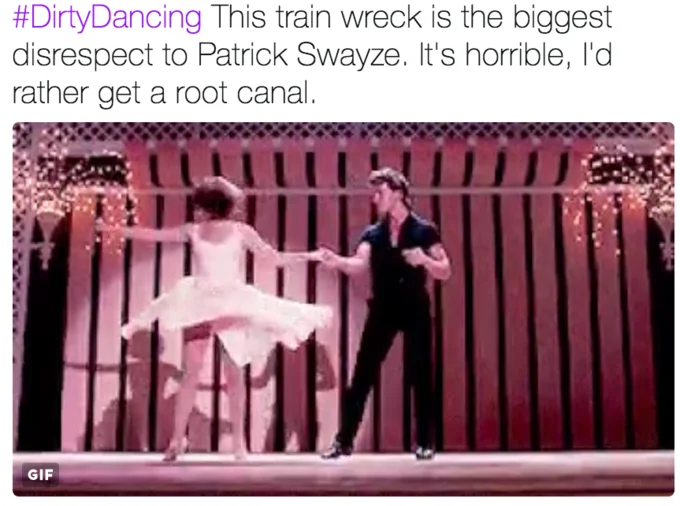 Abcs Dirty Dancing Remake — Tweet calling the Dirty Dancing remake a disrespect to Patrick Swayze with a dance scene GIF