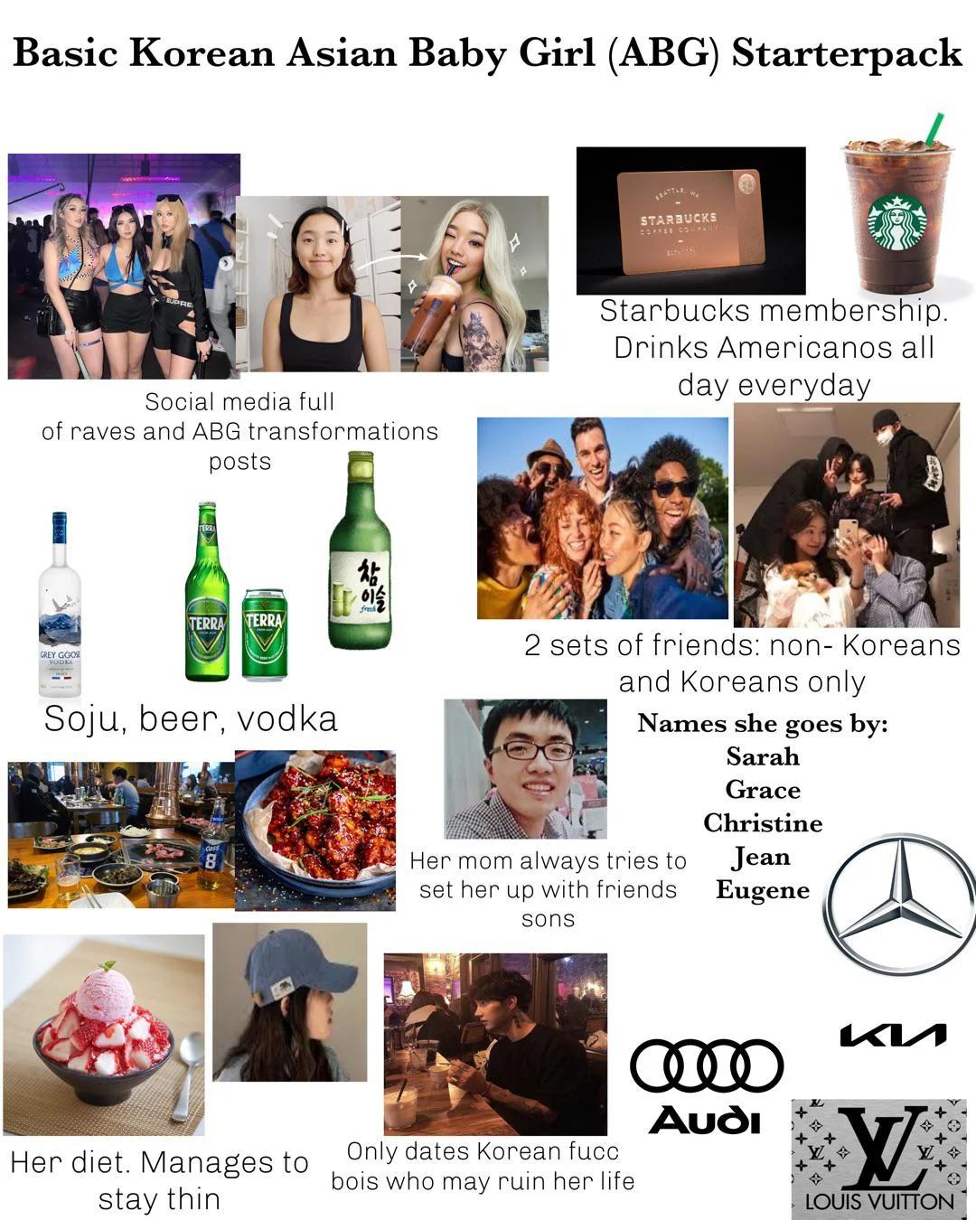 Asian Baby Girl ABG Starter Pack collage with Lexus, Hennessy, Korean BBQ, Michael Kors bag, and winged eyeliner.