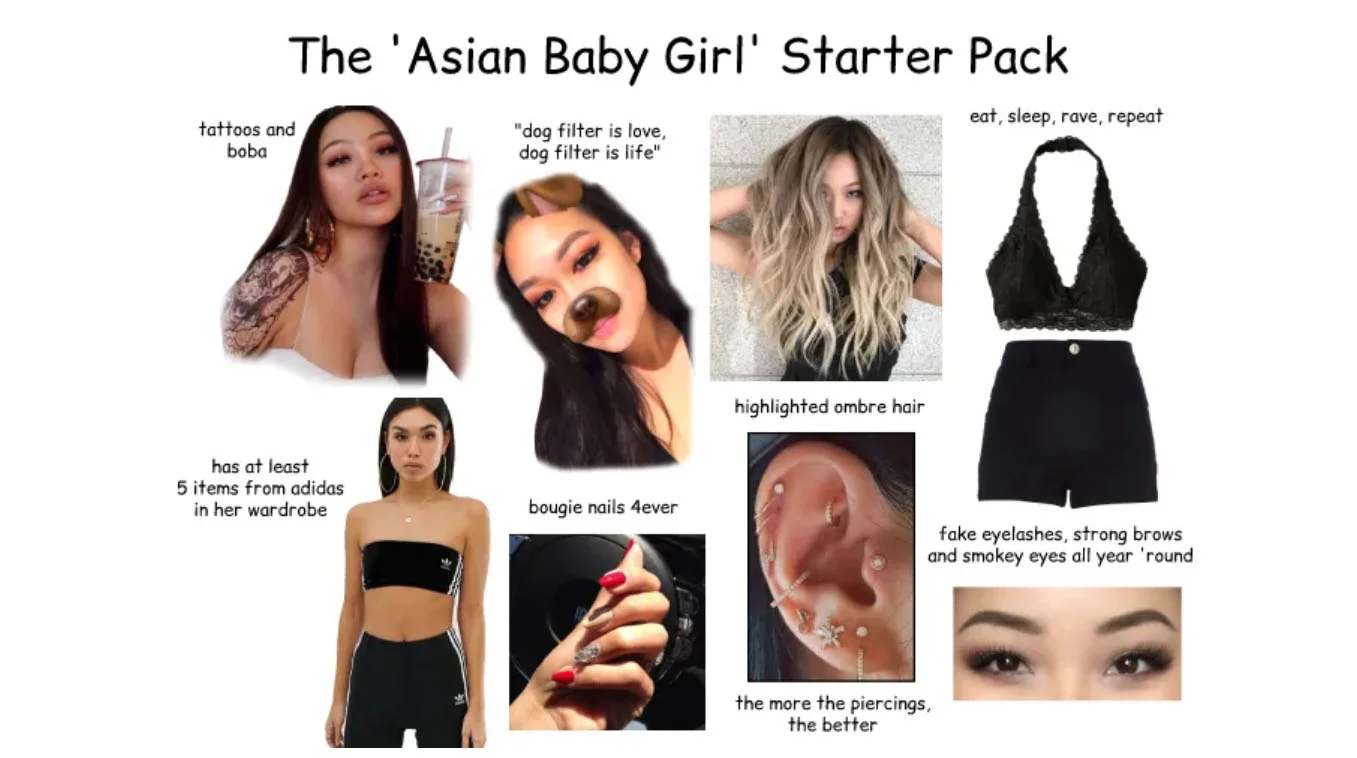 The Asian Baby Girl Starter Pack meme collage showing stereotypical ABG style attributes with labels.