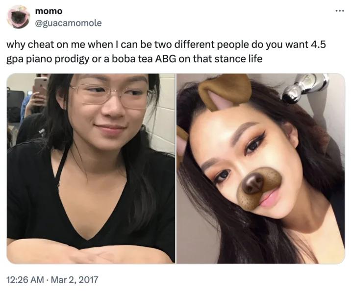 Twitter screenshot comparing a plain selfie to a glam ABG-styled selfie with dog filter.
