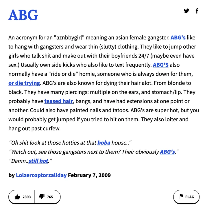 Urban Dictionary definition screenshot for the term ABG by user Lolzercoptorzallday dated February 7, 2009.