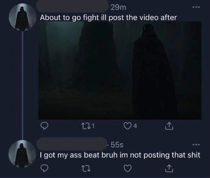 About To Go Fight I'll Post The Video After — Darth Vader Star Wars meme using 'About to go fight' format showing Vader confronting Obi-Wan.
