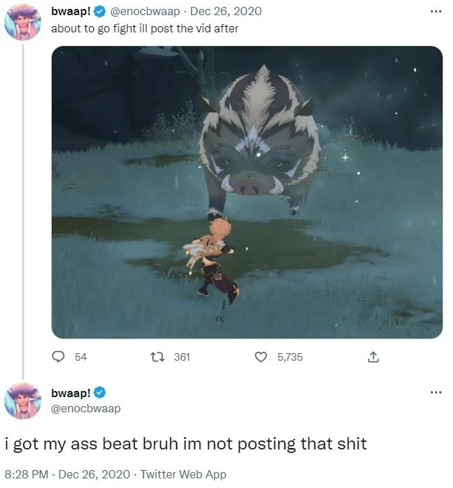 About To Go Fight I'll Post The Video After — Genshin Impact character facing giant boar enemy in a 'About to go fight' meme tweet.