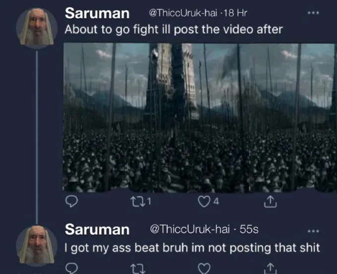 About To Go Fight I'll Post The Video After — Lord of the Rings Saruman meme with Uruk-hai army using the 'About to go fight' template.