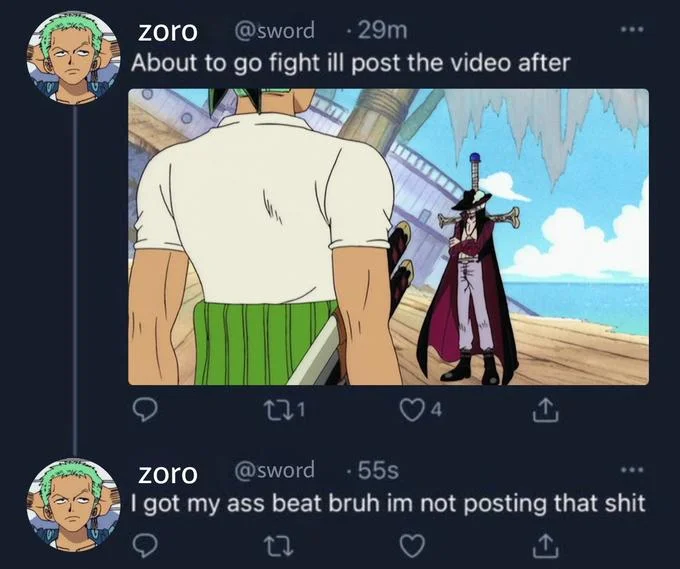 About To Go Fight I'll Post The Video After — One Piece Zoro meme using the 'About to go fight' template with Zoro facing Mihawk.