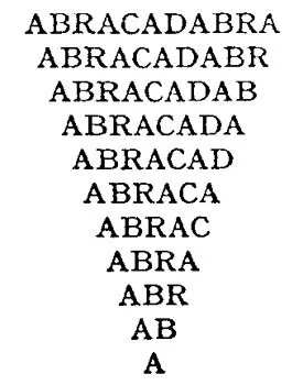 The word 'ABRACADABRA' progressively shortened with each line, creating a visual cascade from full incantation to single letter.