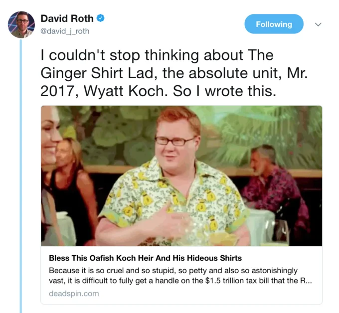 Absolute Unit — Tweet by David Roth about Wyatt Koch with linked Deadspin article