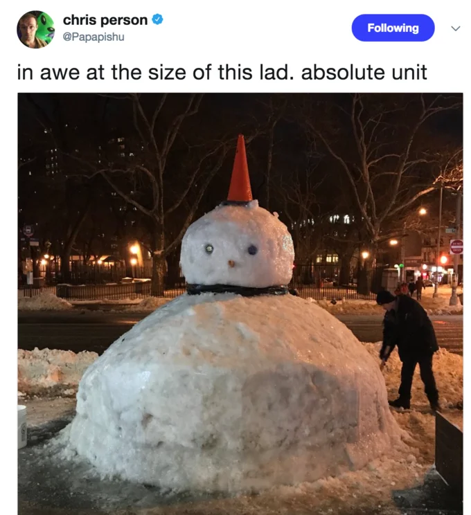 Tweet reading 'in awe at the size of this lad absolute unit' with photo of large inflatable Santa