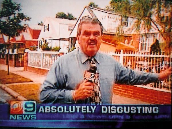 WPIX-9 news reporter on a suburban street with 'Absolutely Disgusting' news chyron
