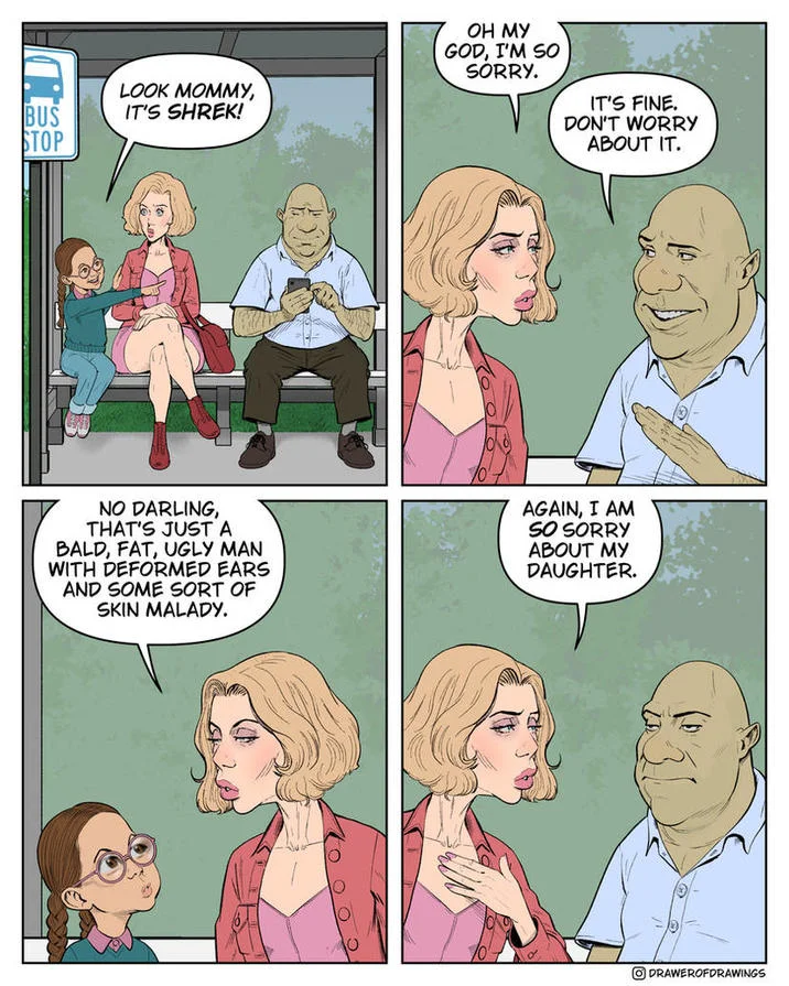Absolutely Not Go Fuck Yourself Look Mommy Its Shrek — Original webcomic by drawerofdrawings showing a boy pointing at a man saying 'Look Mommy, It's Shrek!'