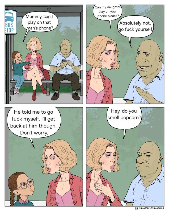 Absolutely Not Go Fuck Yourself Look Mommy Its Shrek — A meme variant where a daughter asks to play on a man's phone and mother responds with 'Absolutely not