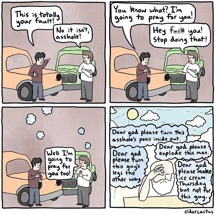 Absurdist Humor — A four-panel comic showing two men arguing about a car accident, with God responding with increasingly absurd and surreal punishments