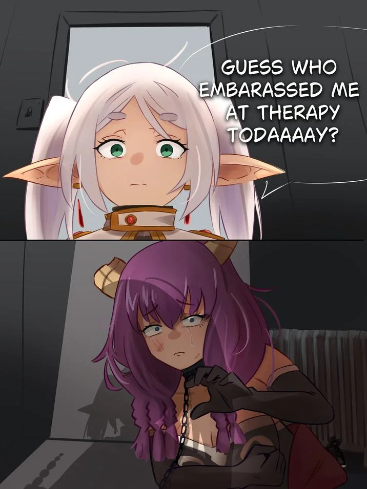 Anime-style fan art of the abuse goblin comic with elf characters instead of goblins