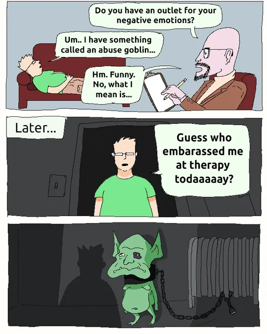 Three-panel abuse goblin comic where a man scolds the chained goblin for embarrassing him at therapy