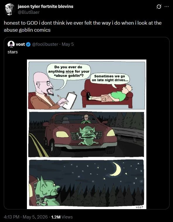 Twitter reaction post quoting the abuse goblin comic with an emotional comment
