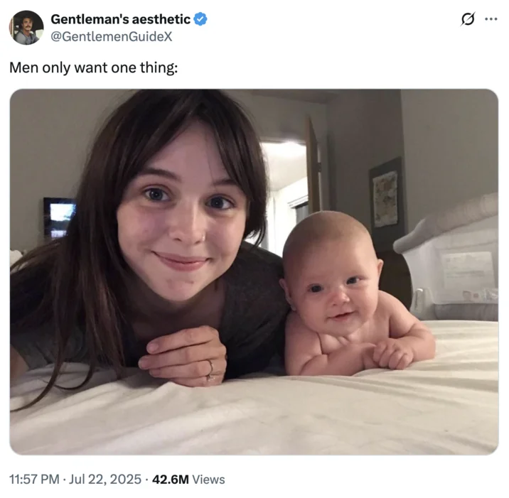 Acacia And Baby Photo Men Only Want One Thing — Tweet screenshot from Gentleman's aesthetic with 'Men only want one thing' caption above the Acacia and baby