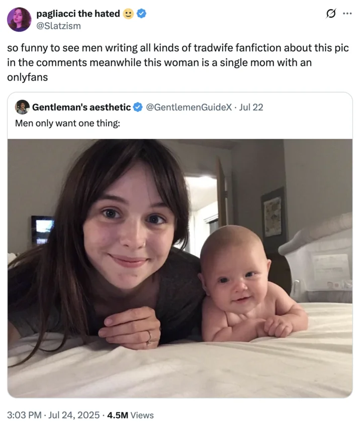 Acacia And Baby Photo Men Only Want One Thing — Quote-tweet reaction pointing out that the woman is a single mom with an OnlyFans