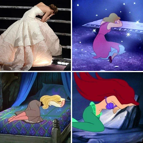 Collage comparing Jennifer Lawrence's Oscar fall to Disney princesses