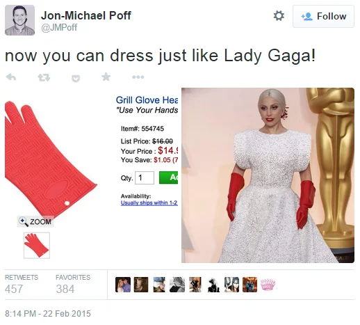 Academy Awards — Tweet comparing red oven grill gloves to Lady Gaga's red gloves at the Oscars