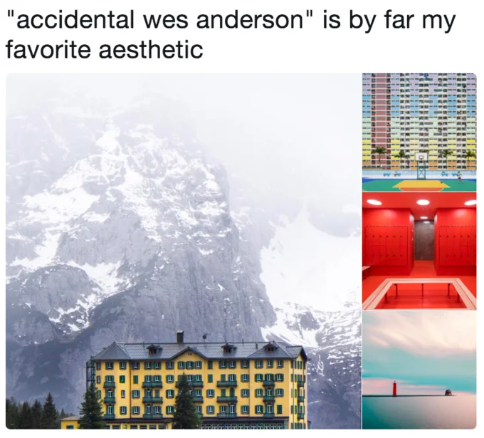 Accidental Wes Anderson — Collage of pastel symmetrical buildings with caption about the aesthetic