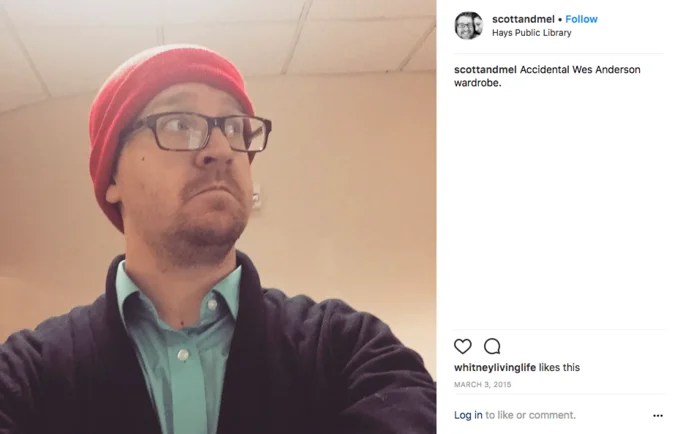 Instagram selfie captioned 'Accidental Wes Anderson wardrobe'