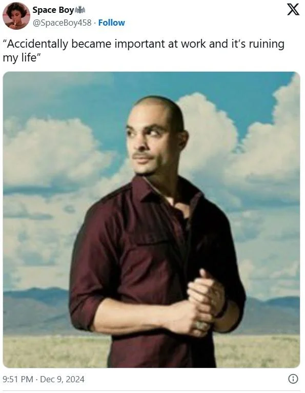 Nacho Varga from Better Call Saul standing in a field with 'accidentally became important at work' caption