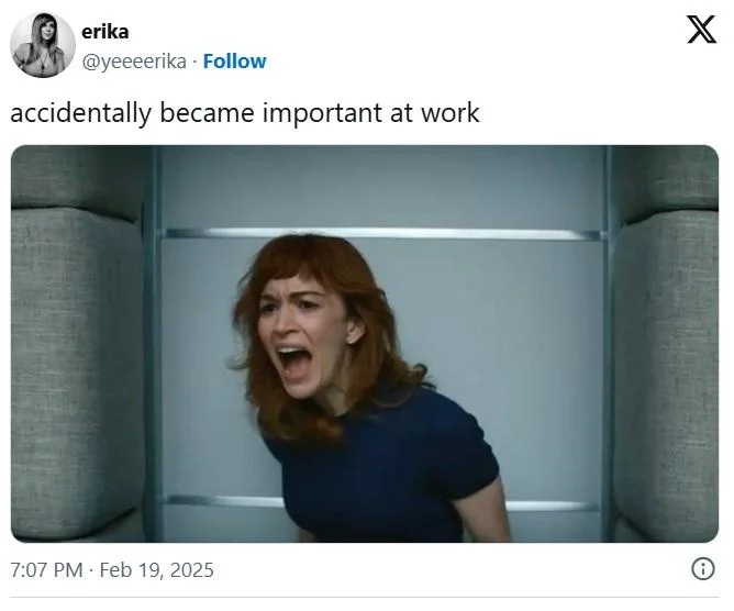 Accidentally Became Important At Work — Tweet by @yeeeerika with image of red-haired woman screaming in distress