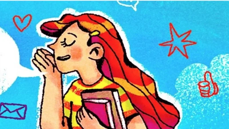 Actually Happened Fake Animated Stories — A colorful animated thumbnail featuring a smiling girl with long red hair holding a smartphone, surrounded by