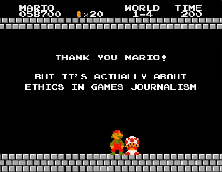 Actually It S About Ethics — Super Mario Bros end screen parody with Toad saying 'Thank you Mario! But it's actually about ethics in games journalism'