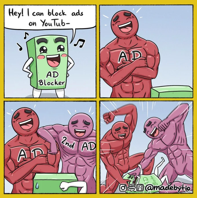 Ad Blocker Meme — Green Ad Blocker mascot vs red muscular AD figures in 4-panel meme progression