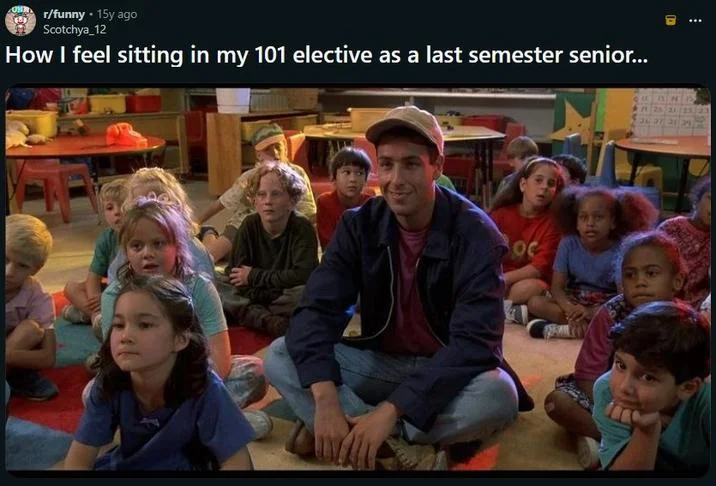 Adam Sandler Sitting With Kids / Billy Madison — Reddit meme using the Billy Madison scene captioned about feeling like a senior in a 101 elective.