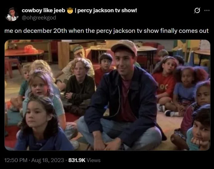 Adam Sandler Sitting With Kids / Billy Madison — Twitter meme with Billy Madison classroom scene captioned about the Percy Jackson TV show release.