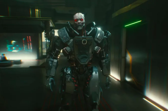 Adam Smasher with glowing red eyes walking down neon corridor
